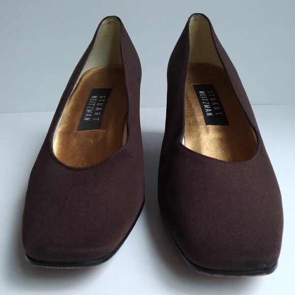 Stuart Weitzman Y2K Brown Sateen /Grosgrain Pumps Square Toe 3" Block Heels Sz 8 - Picture 3 of 10